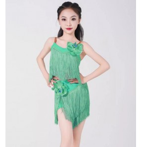 Girls green orange tassels latin dance dresses kids modern fringe salsa rumba chacha ballroom dance costumes for children